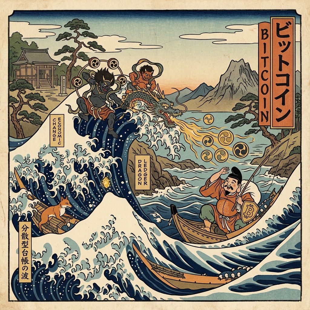Bitcoin trading illustrated as a traditional Japanese ocean wave