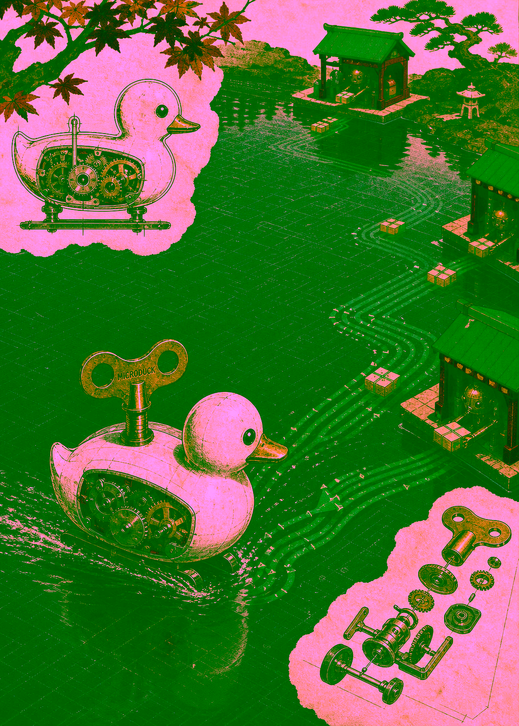 microduck MemeFi artwork: a Japanese tin-toy duck skates parcels along green routes across a mokuhanga silicon pond