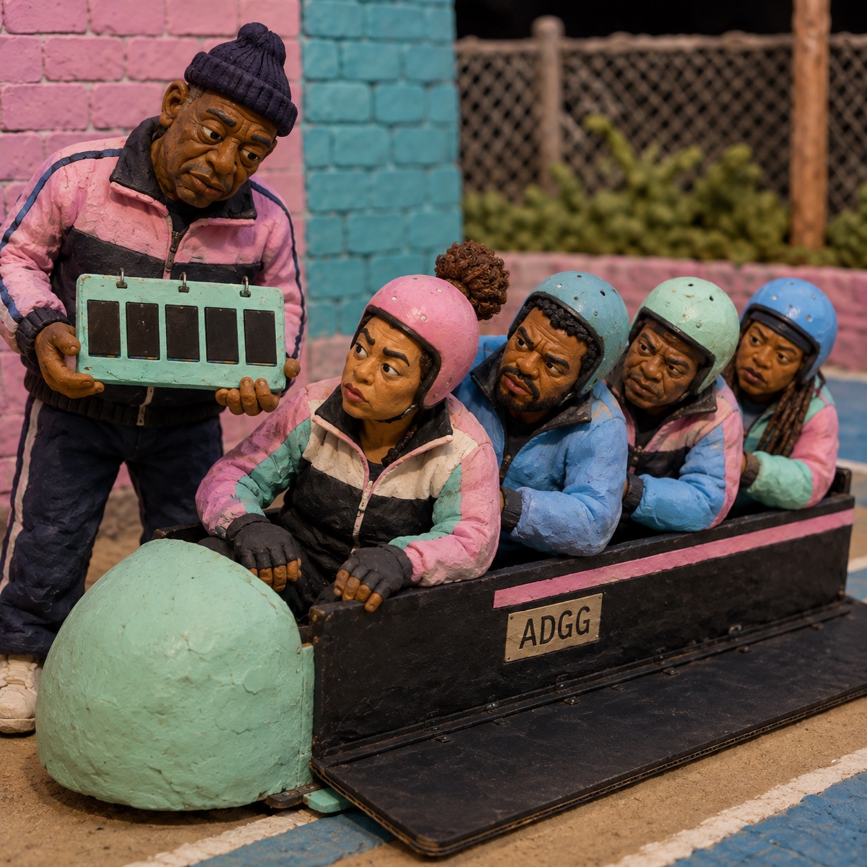 A clay team of four prepares to race in a bobsled made from a card deck case, with their coach standing by.