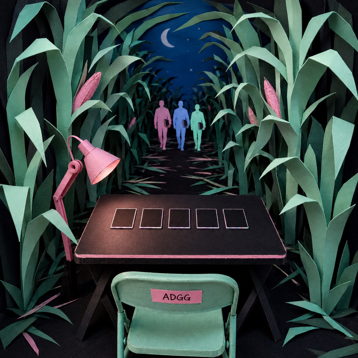A tiny card table and an empty chair wait under a pink lamp in a paper cornfield. Three players approach.